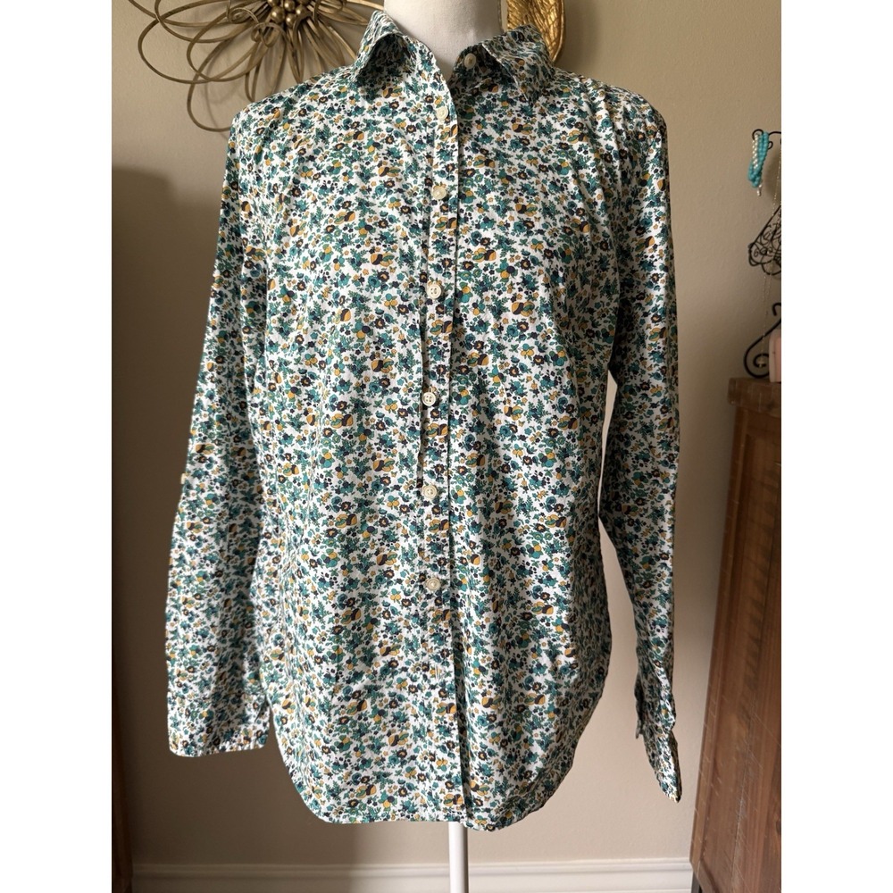 Talbots Womens Floral Mushroom Print Button Down Shirt Size 10 Cotton Preppy